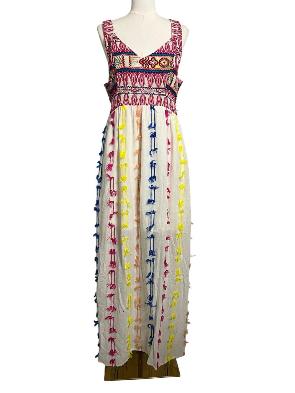 En Creme Sundress Womens Large Multicolor Tassel Trim Maxi Boho Festival